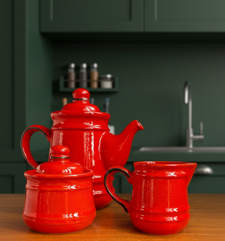 C 1970's Red Ceramic Tea Set – Sculptural Teapot, Cups & Saucers