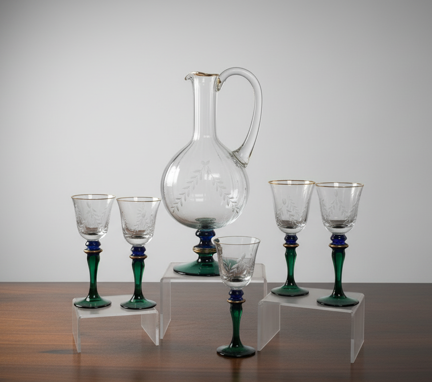 Mid century Romanian Crystal Decanter and Glassware