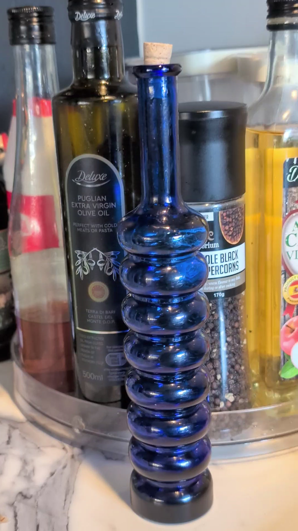 Glass Ribbed Cobalt Blue Bottle