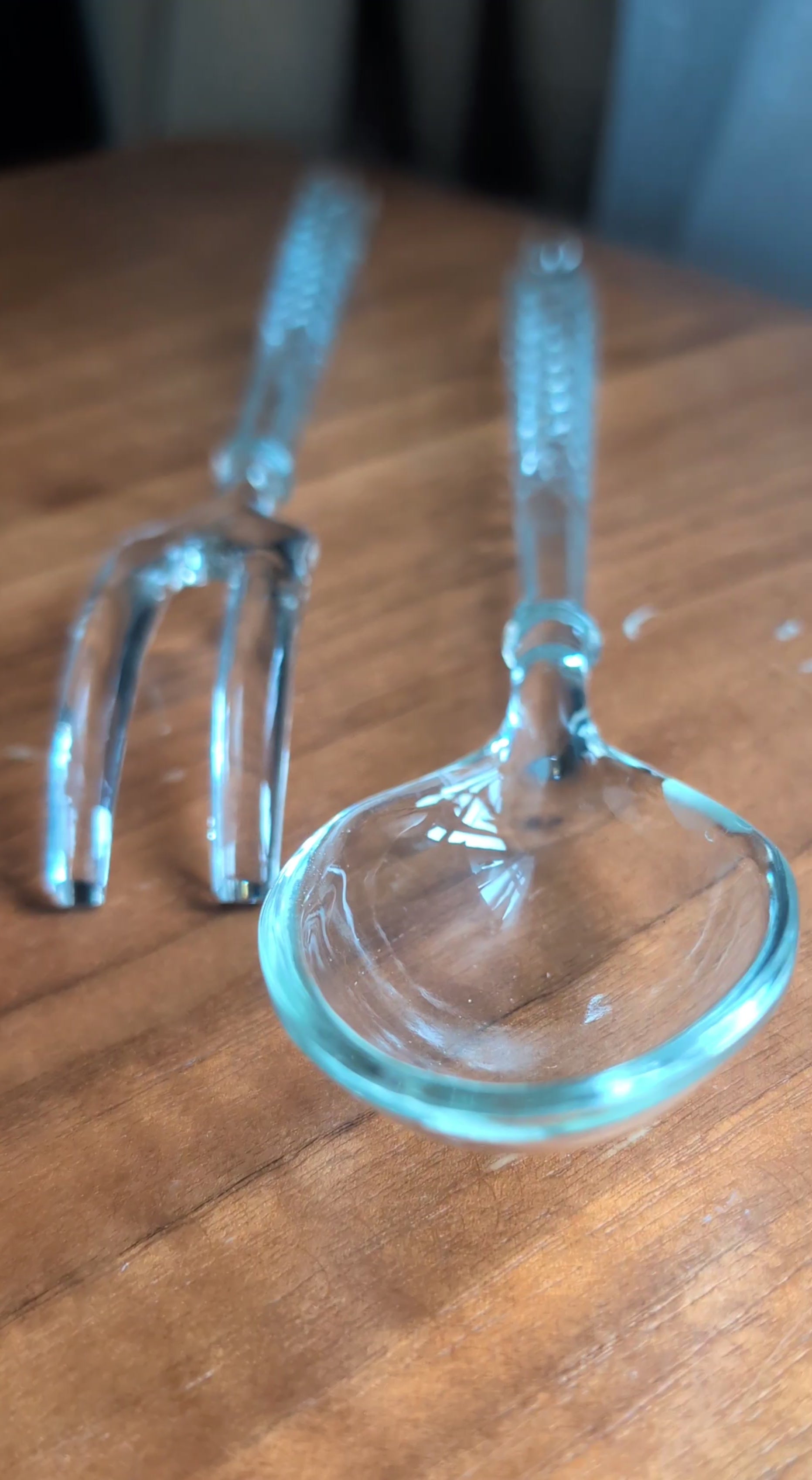 Ornate Bohemian Crystal or Heavy Pressed Glass Salad Serving Utensils