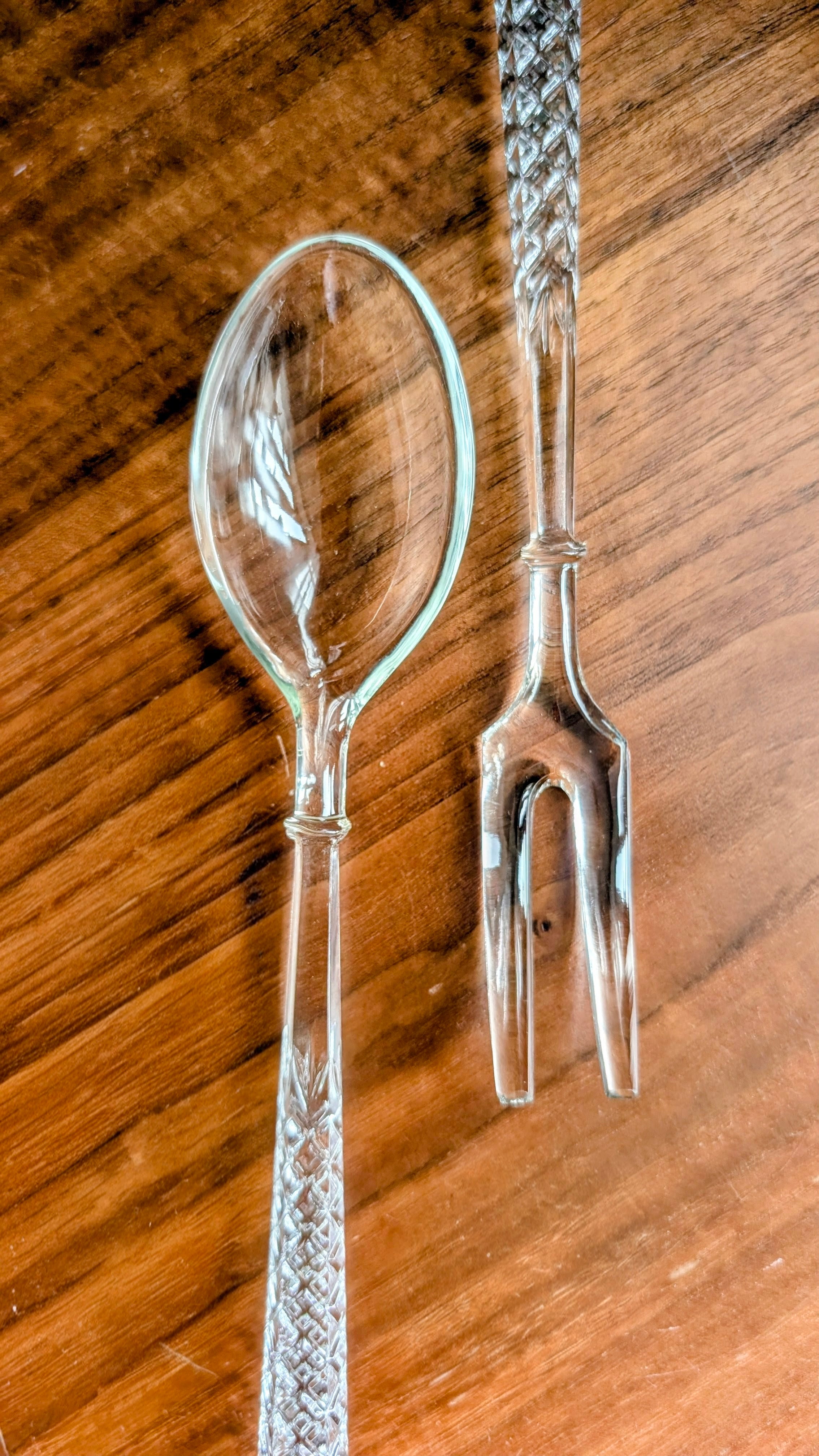 Ornate Bohemian Crystal or Heavy Pressed Glass Salad Serving Utensils