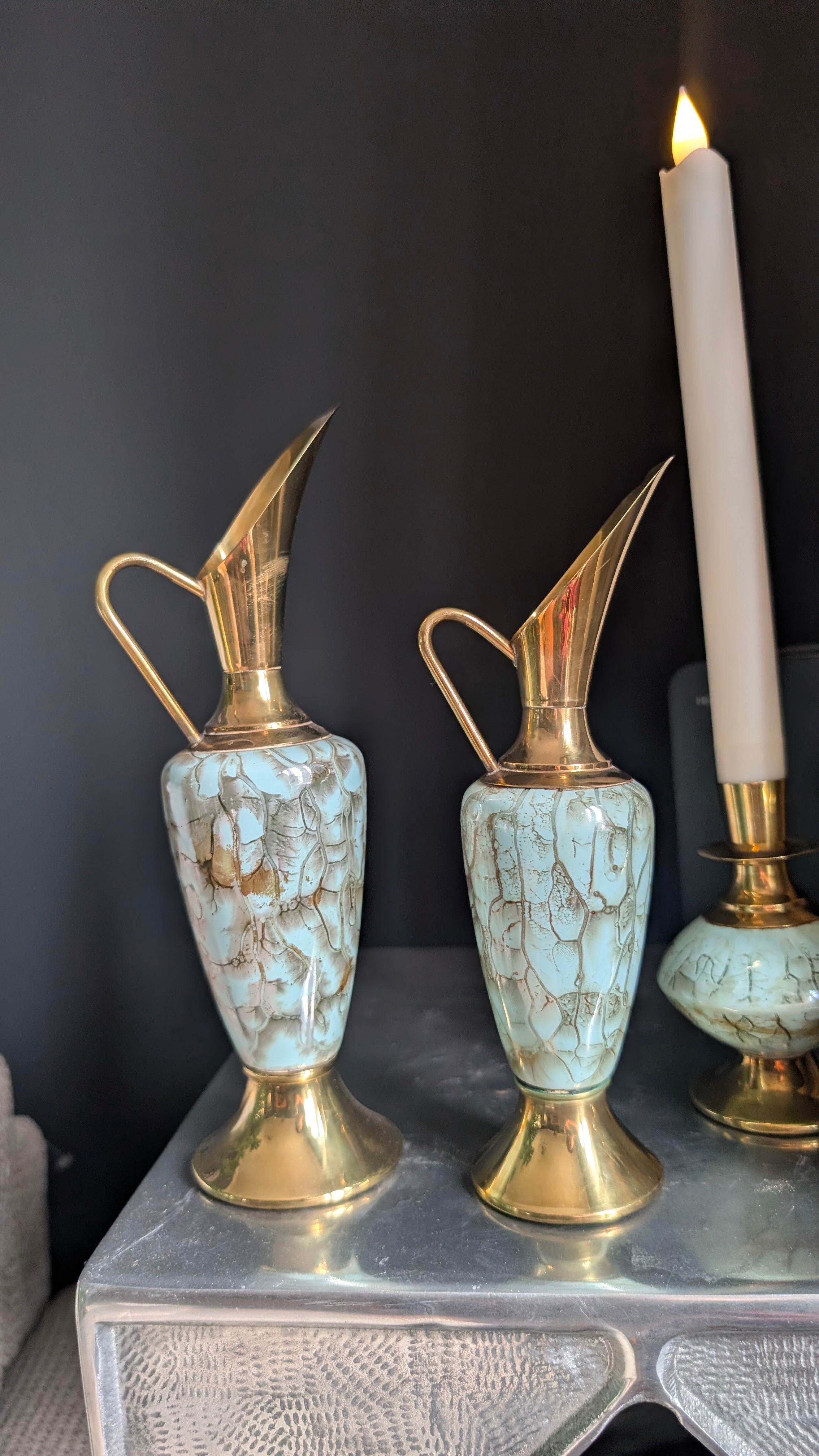 Emerald Swirls, Mid-Century | Hand-Painted Ceramic & Brass Jug Vases