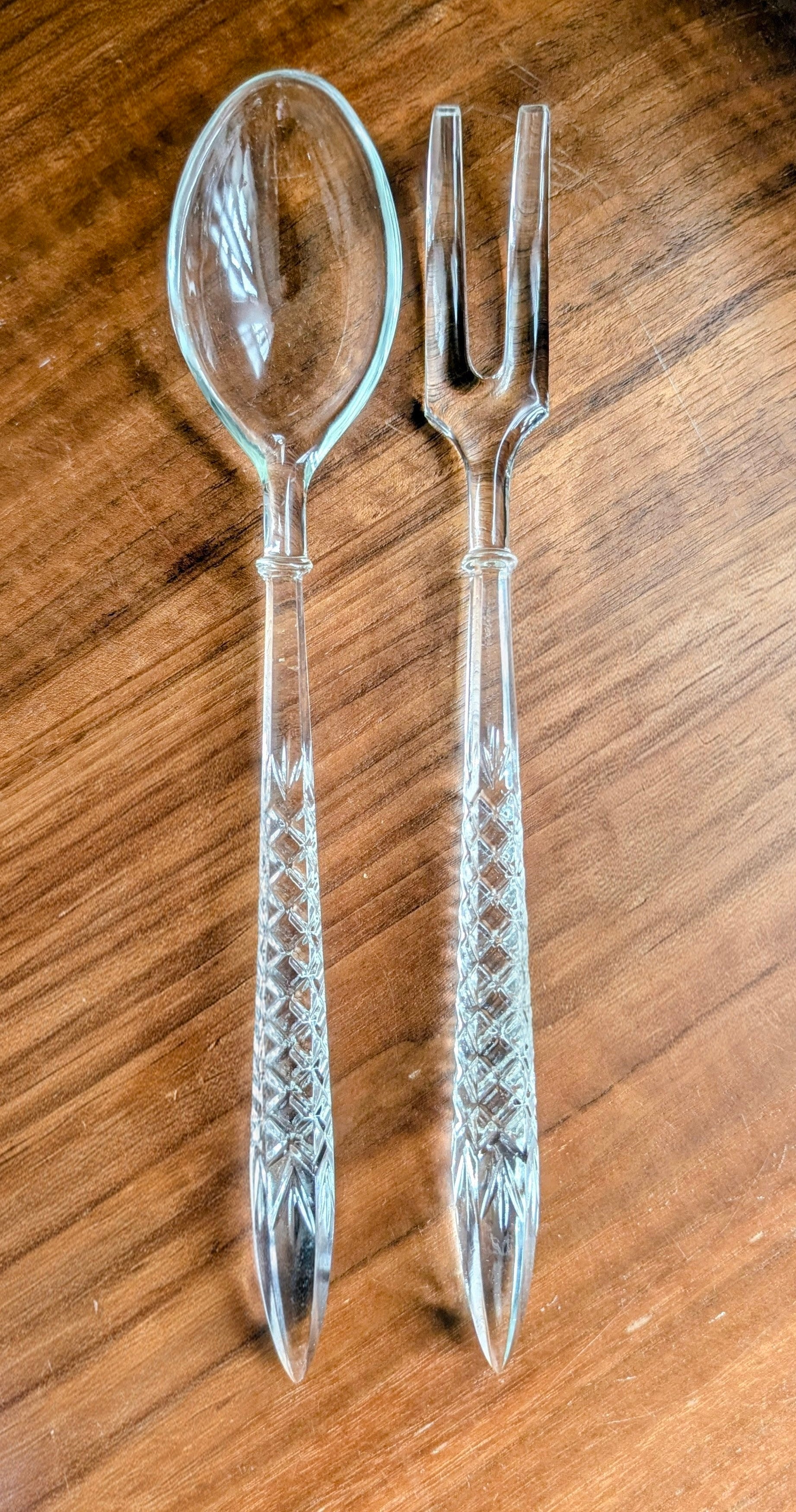 Ornate Bohemian Crystal or Heavy Pressed Glass Salad Serving Utensils