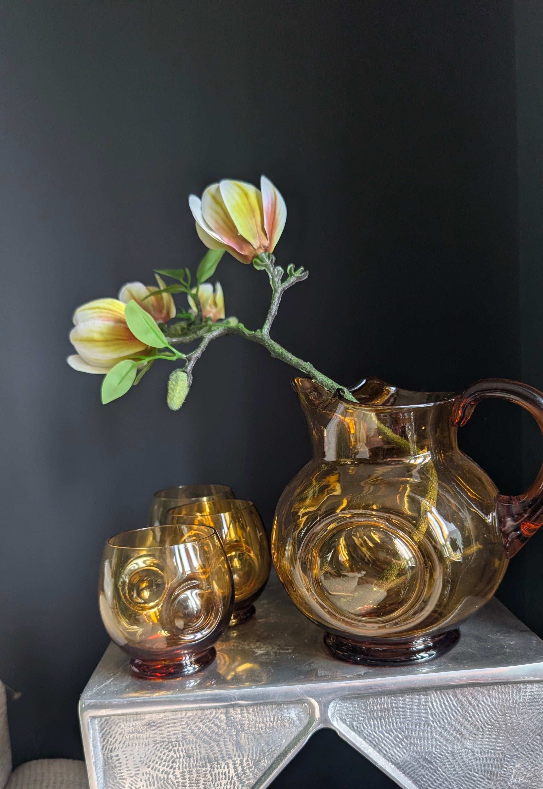 Honeyed Gatherings| 1950s–60s | Sweden | Amber Glass Jug and Tumblers
