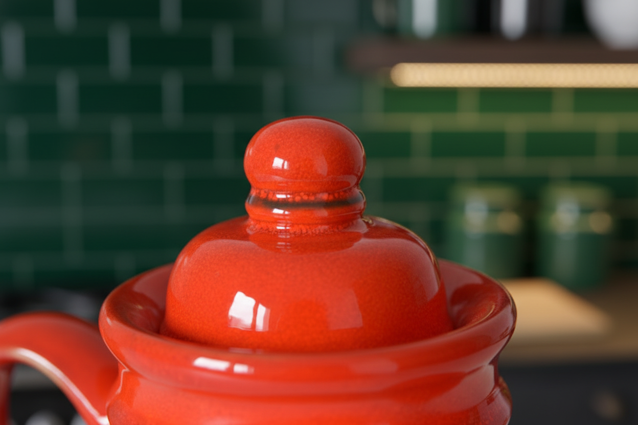 C 1970's Red Ceramic Tea Set – Sculptural Teapot, Cups & Saucers (Mid-Century European)