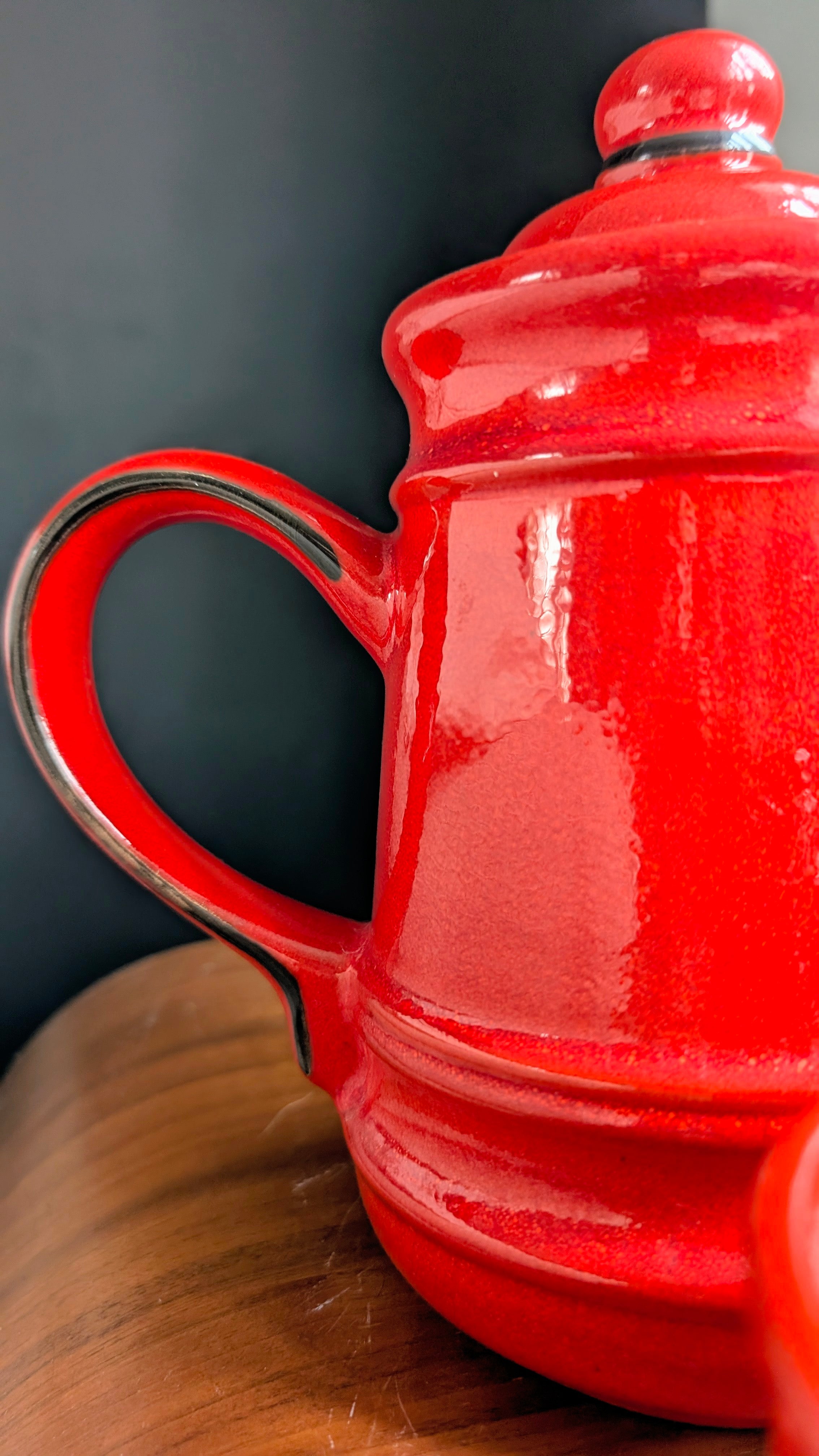 C 1970's Red Ceramic Tea Set – Sculptural Teapot, Cups & Saucers