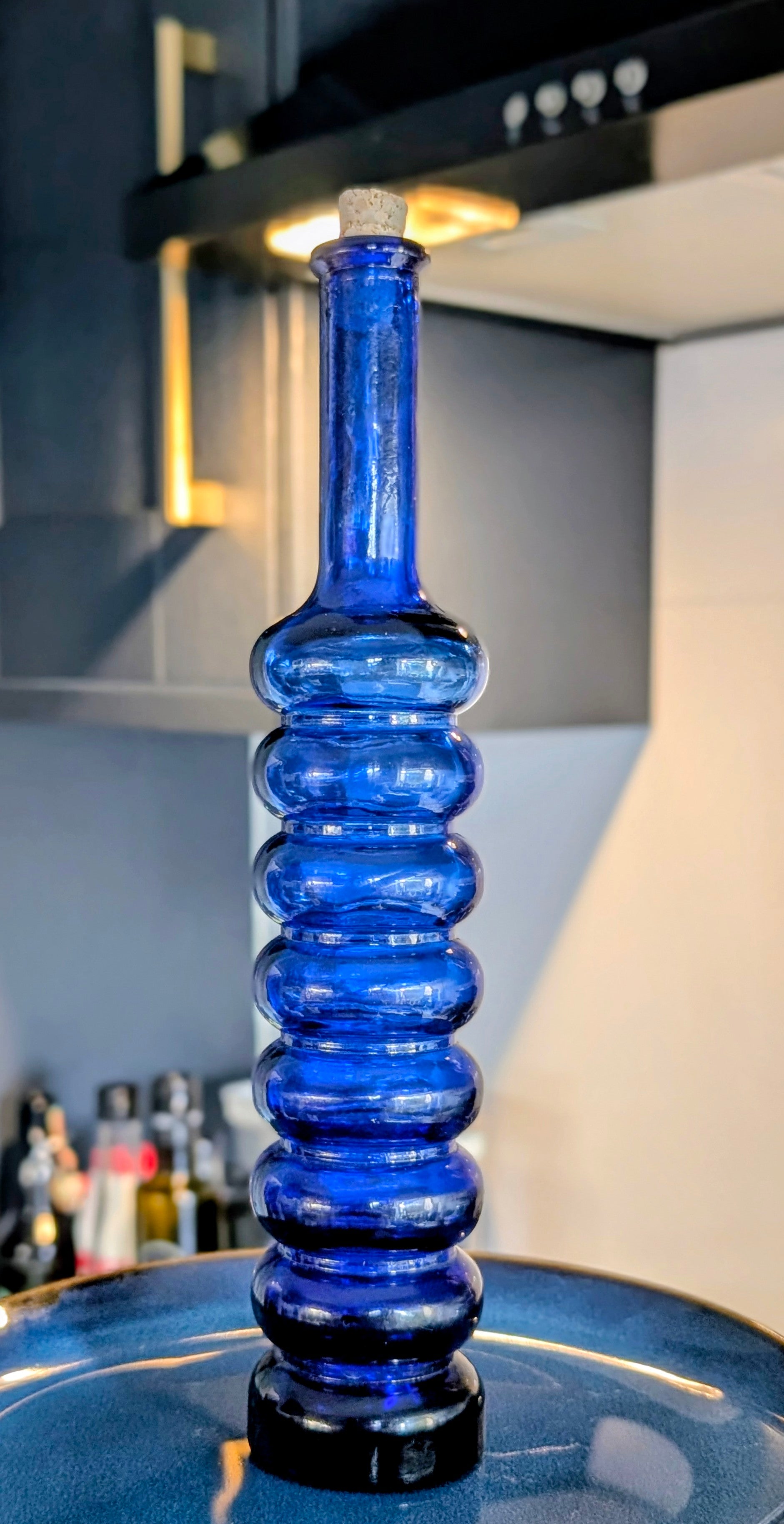 Glass Ribbed Cobalt Blue Bottle