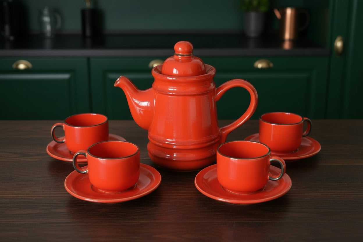 C 1970's Red Ceramic Tea Set – Sculptural Teapot, Cups & Saucers (Mid-Century European)