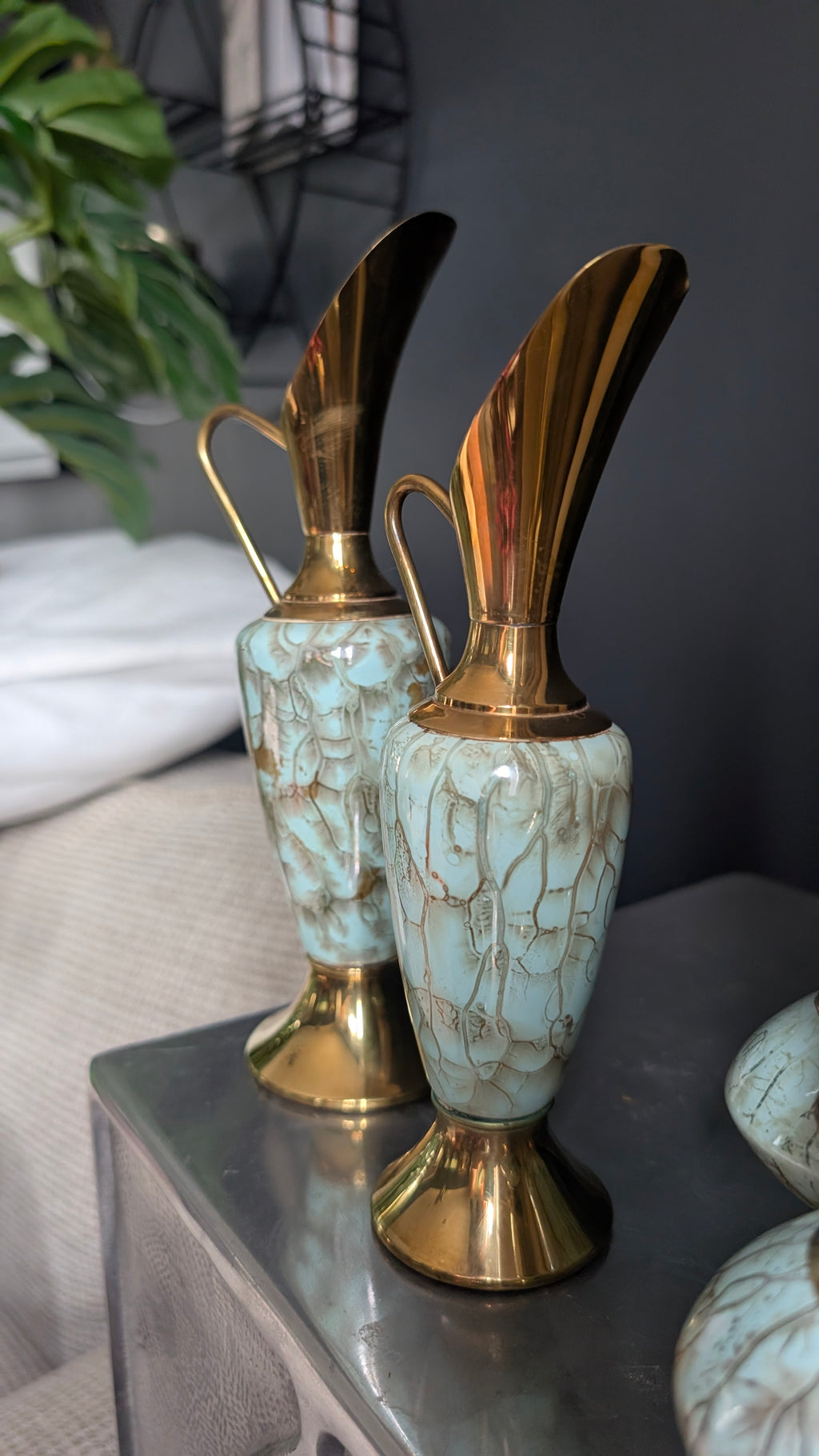 Emerald Swirls, Mid-Century | Hand-Painted Ceramic & Brass Jug Vases