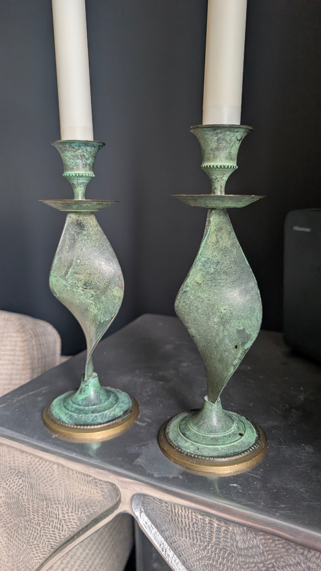 Verdigris Twist
1960s–70s | Brass | Sculptural Candlestick Pair