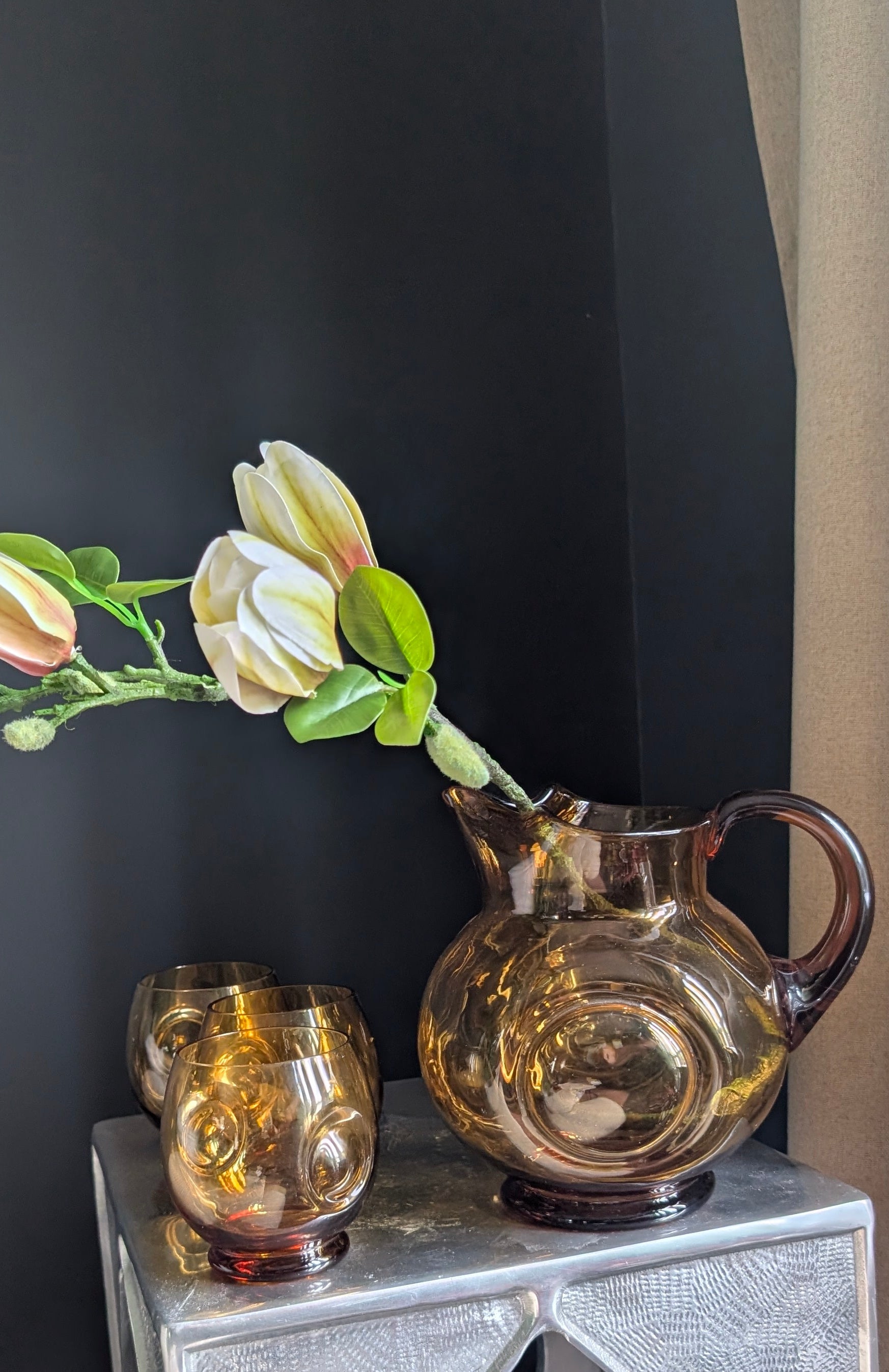 Honeyed Gatherings| 1950s–60s | Sweden | Amber Glass Jug and Tumblers