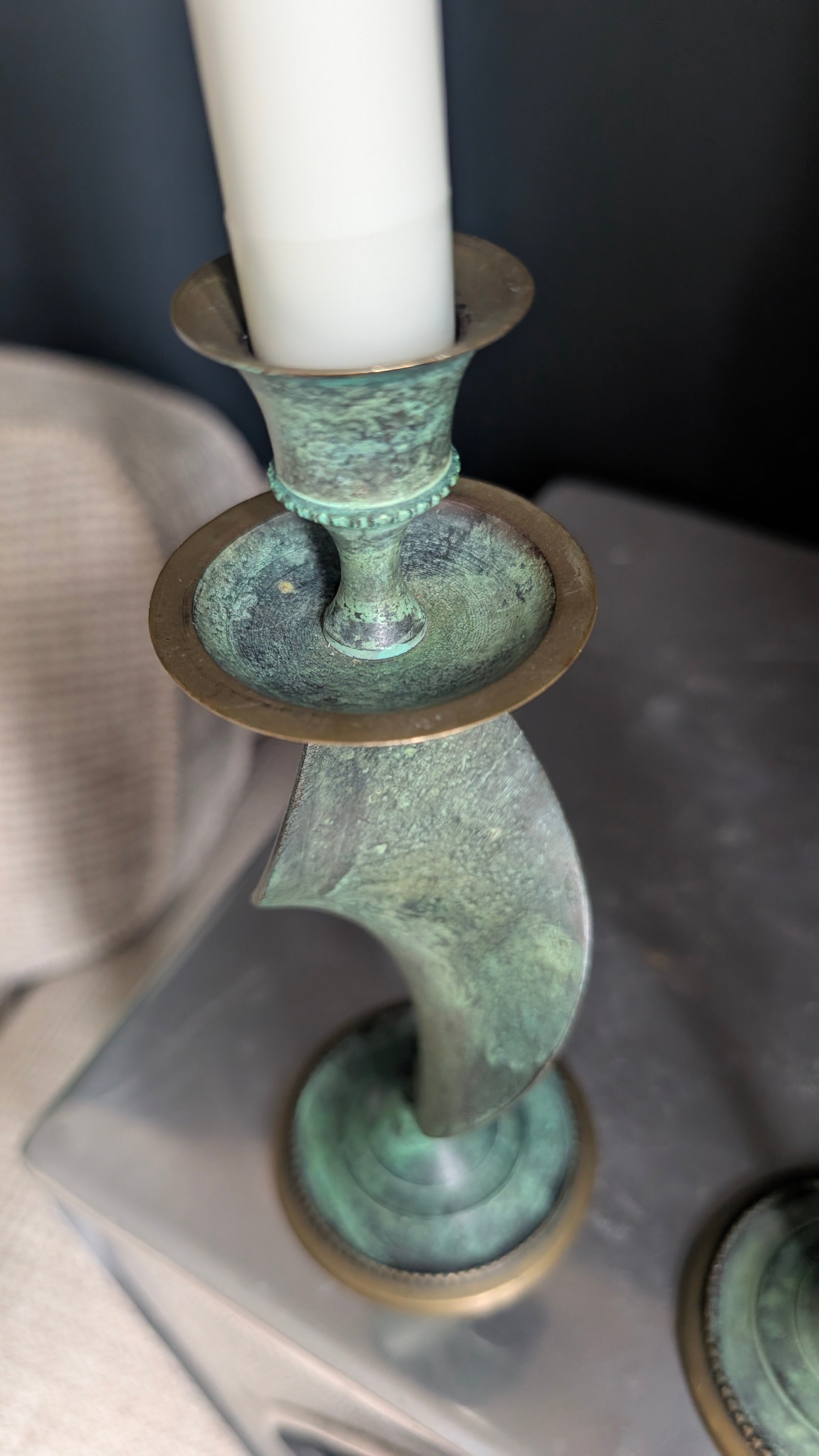 Verdigris Twist
1960s–70s | Brass | Sculptural Candlestick Pair