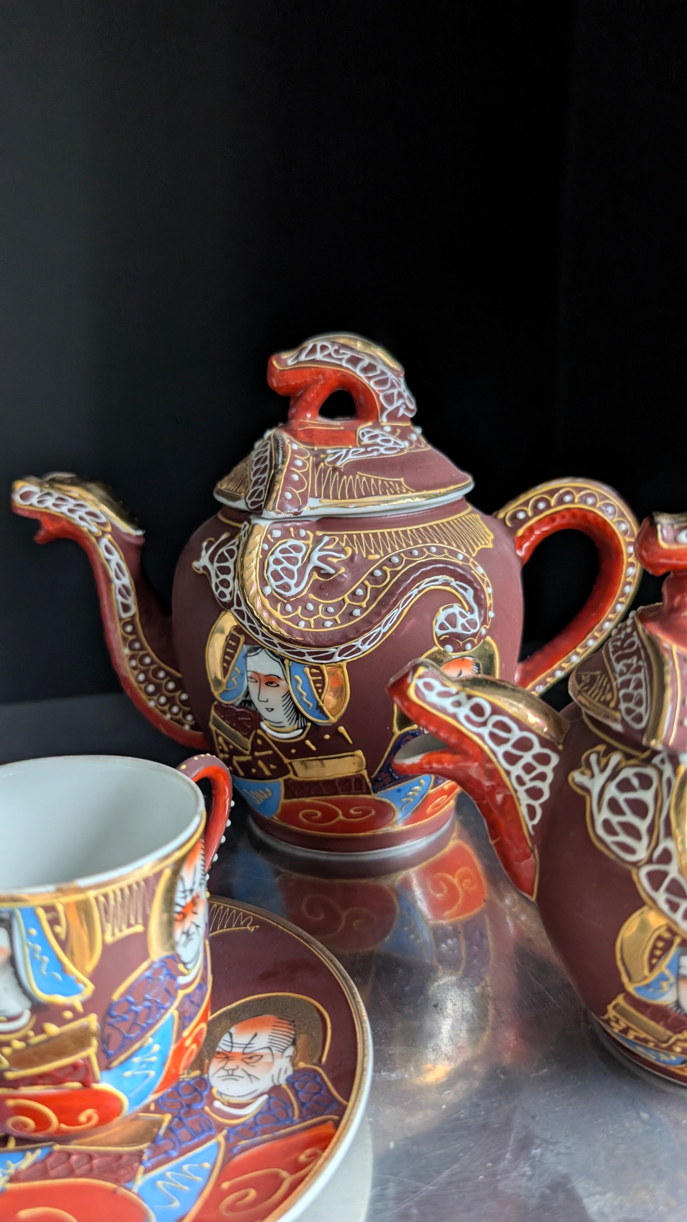 Dragons & Daydreams
1920s–30s | Japan | Moriage Bone China Teapot, Milk and Sugar jug